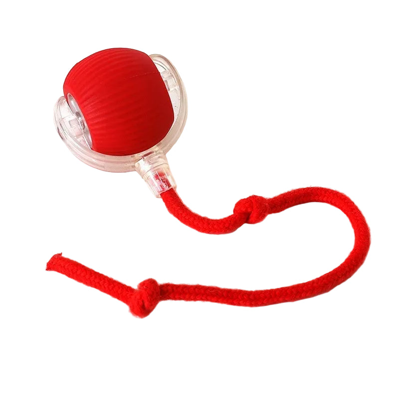 Interactive cat toy ball in red with elastic mesh tail