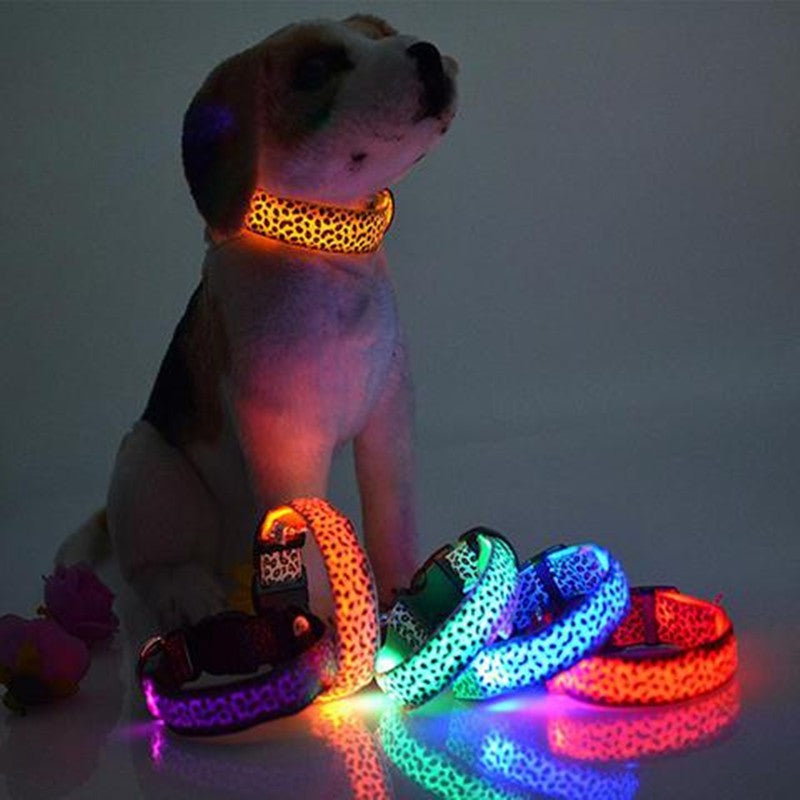 LED Dog Collar, Adjustable Nylon Safety Pet Collar with Leopard Pattern for Small to Medium Dogs
