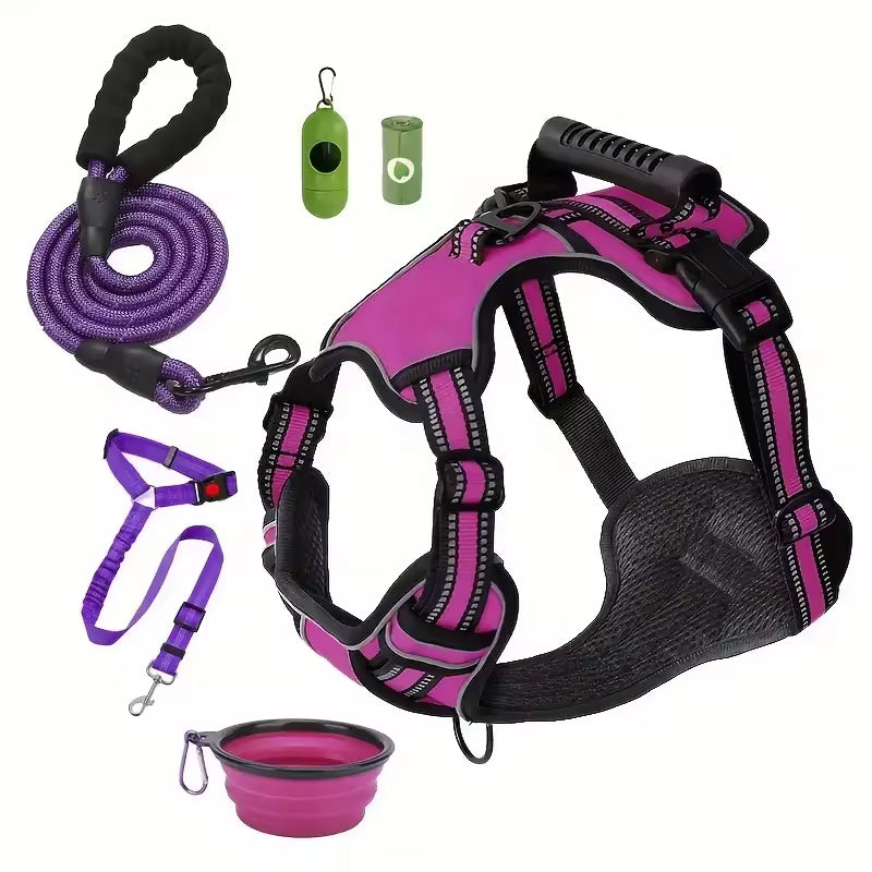 Dog Harness Set with Car Seat Belt, Collapsible Bowl and Biodegradable Waste Bag Accessories