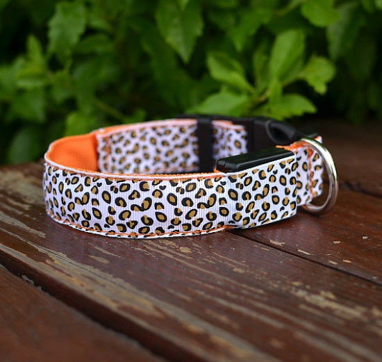 LED Dog Collar, Adjustable Nylon Safety Pet Collar with Leopard Pattern for Small to Medium Dogs