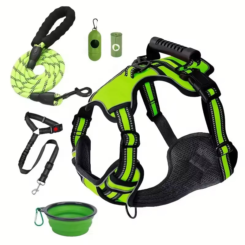 Dog Harness Set with Car Seat Belt, Collapsible Bowl and Biodegradable Waste Bag Accessories