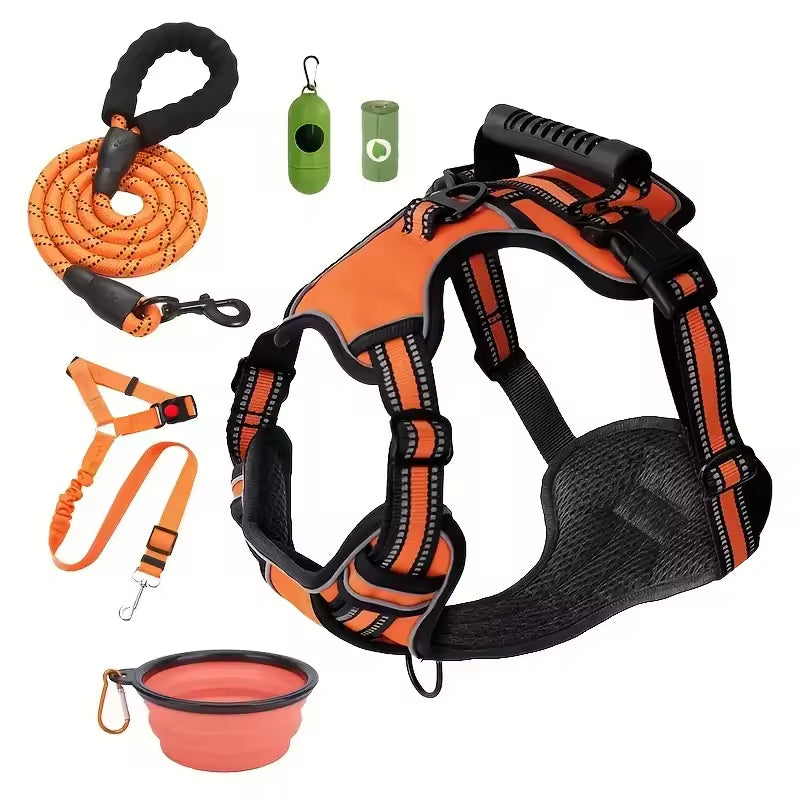 Dog Harness Set with Car Seat Belt, Collapsible Bowl and Biodegradable Waste Bag Accessories